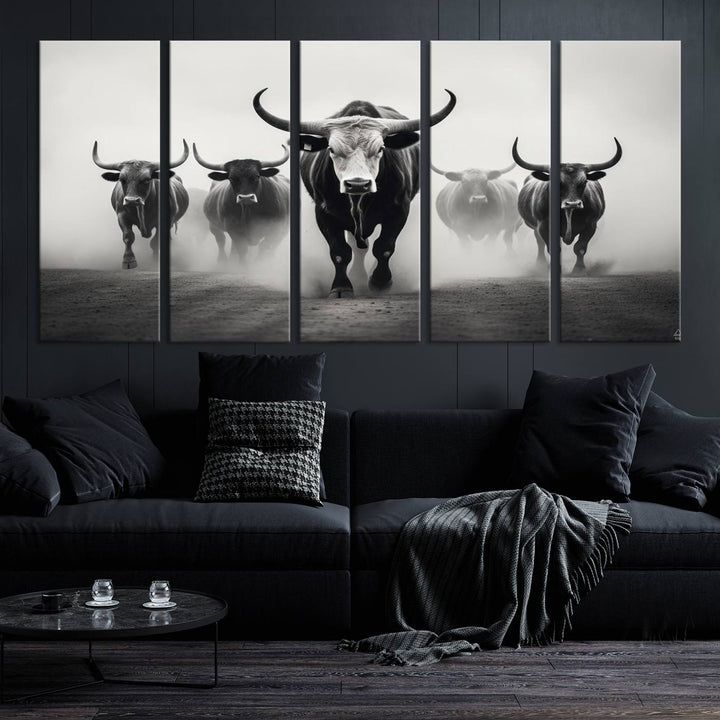 The Texas Longhorn Cow Animal Wall Art Canvas Print beautifully embellishes the area with its depiction of longhorn cattle in a misty setting, seamlessly integrating Western decor into the space.