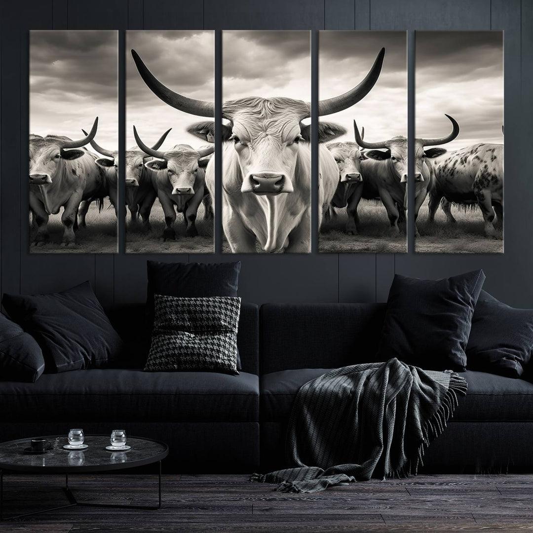 A Texas Longhorn Cow Animal Wall Art Canvas Print introduces a Western-themed accent.