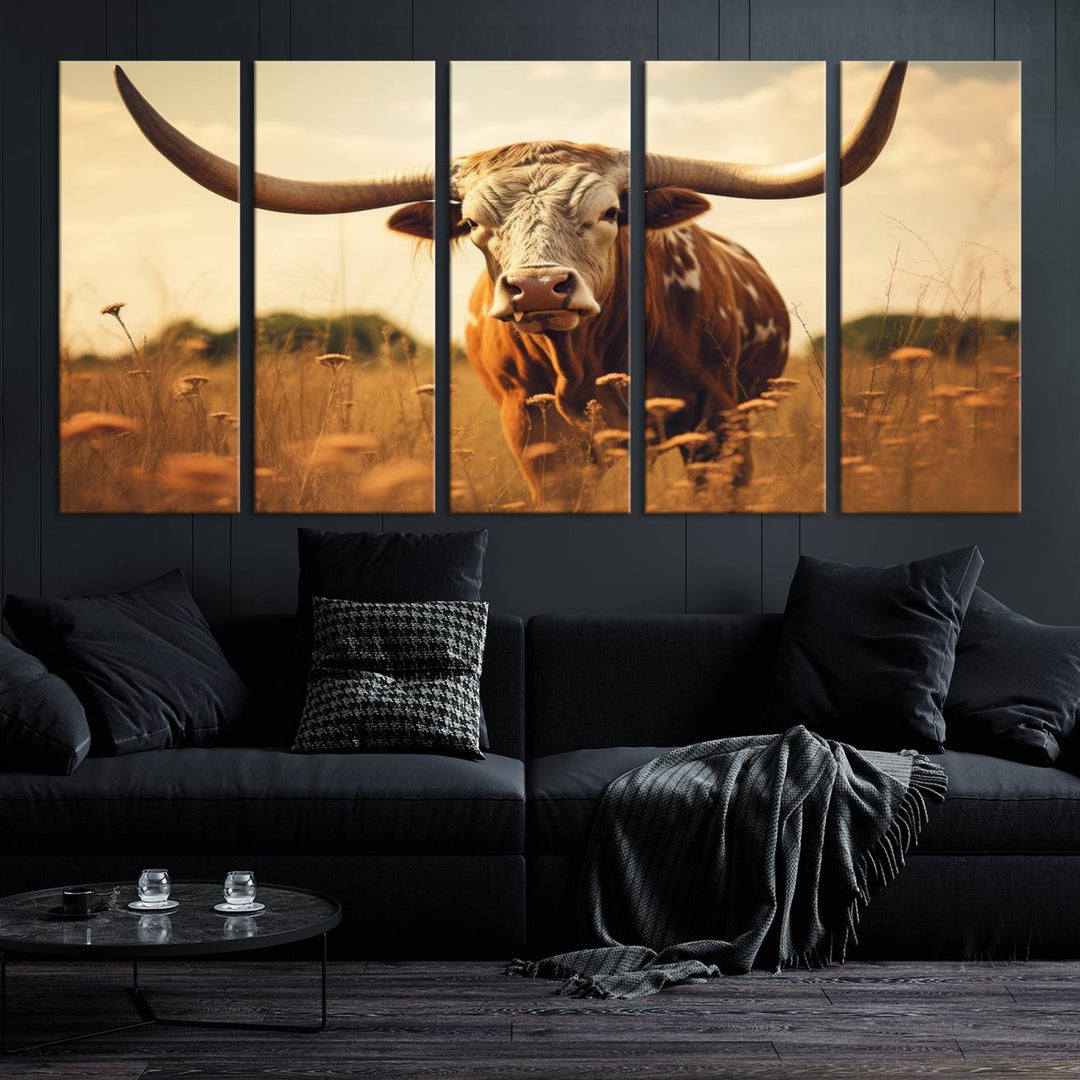 Cow Bighorn Wall Art Canvas Print, Longhorn Texas Cow Animal Canvas Print