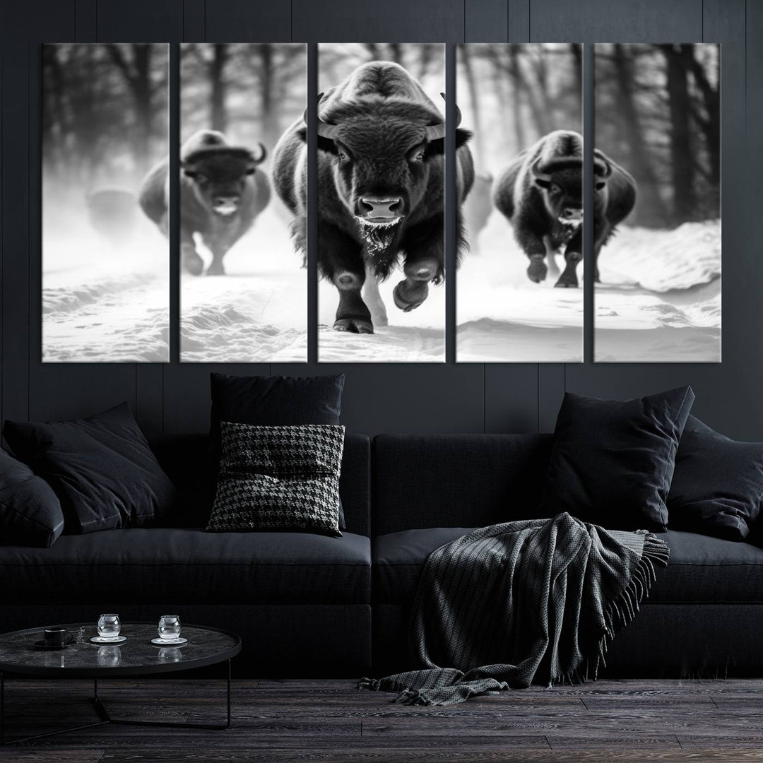 Transform your living room with the Buffalo Wall Art Canvas Print triptych, showcasing a bison family in motion across a snowy landscape. This striking Western decor piece becomes the focal point of any room.