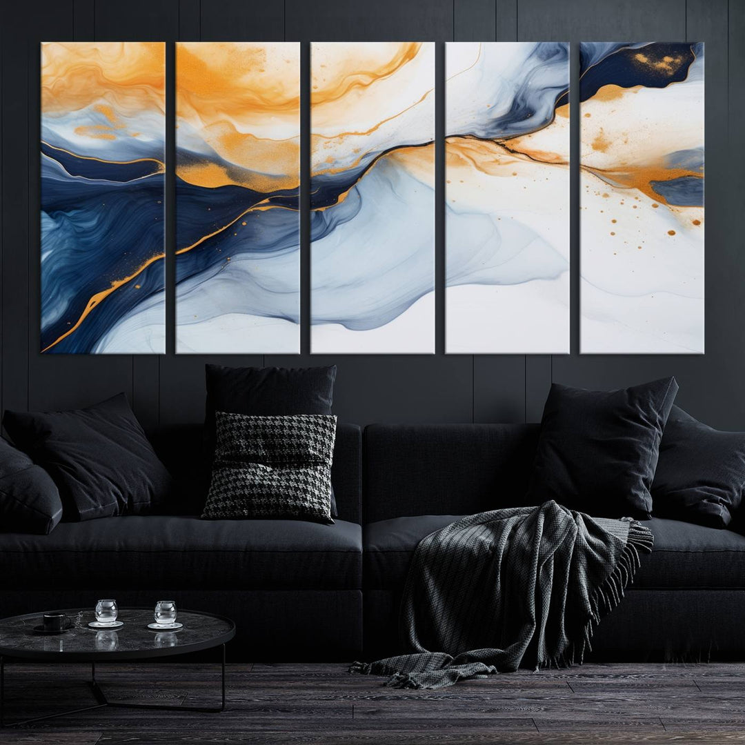 Modern living room featuring the 'Extra Large Orange Navy Blue Abstract Wall Art Canvas Print.'