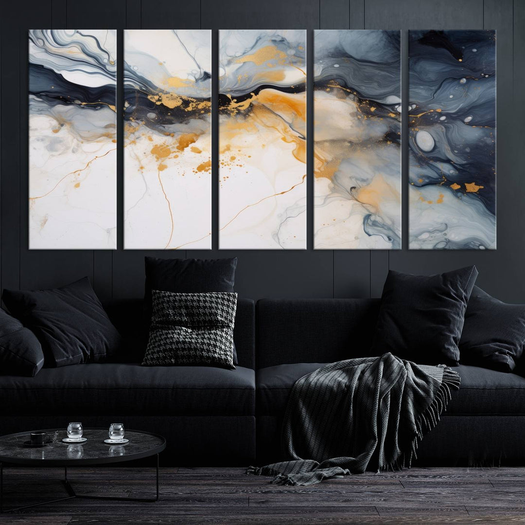 The Dark Blue and Orange Abstract Wall Art, featuring museum-quality canvas with captivating dark and golden swirls, is ready to hang and boasts a UV-protective coating to ensure enduring vibrancy and sophistication.