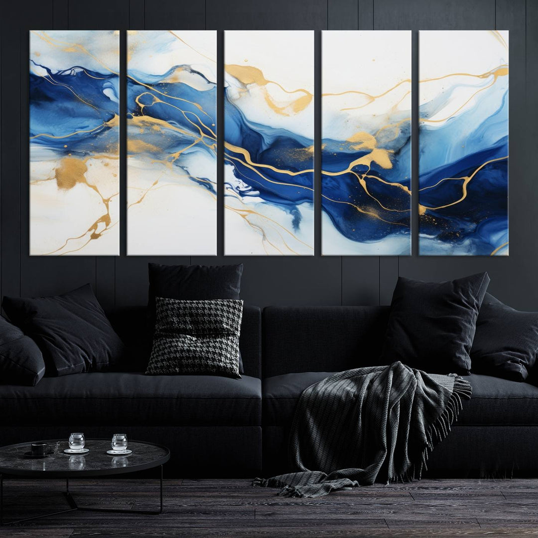 The Blue Abstract Wall Art is displayed as a triptych on museum-quality canvas, showcasing a blue and gold abstract design. The artwork includes a UV-protective coating to maintain its vibrancy and comes with the benefit of free shipping.