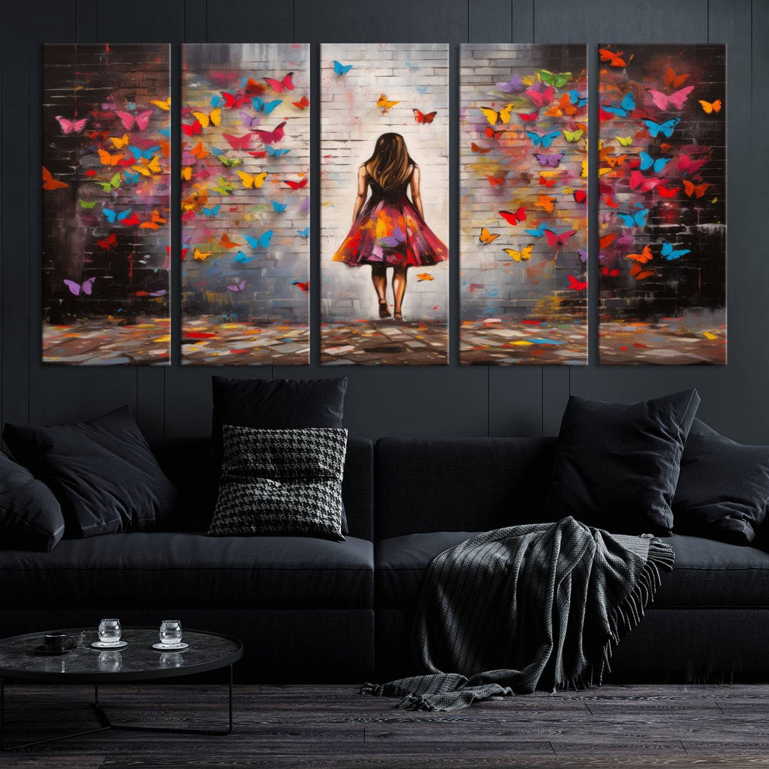 A vibrant artwork titled "Graffiti Wall Art Canvas Print Girl Butterfly Graffiti Abstract Canvas Print" is displayed above the couch. This gallery-wrapped masterpiece, printed on museum-quality canvas, features a UV-protective coating to preserve its vivid beauty.