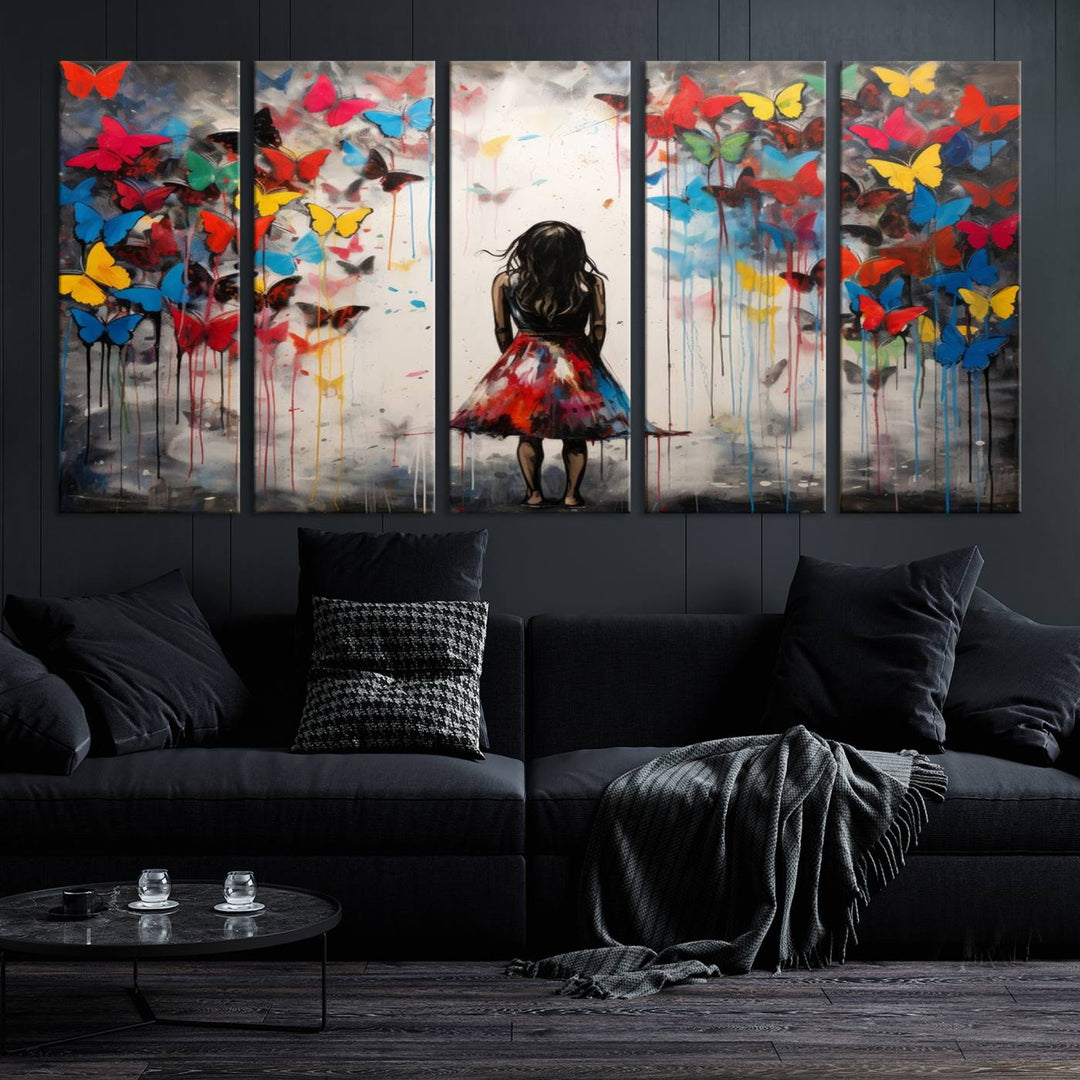 The Girl Butterfly Graffiti Abstract Canvas Print, featuring a vibrant depiction of a girl surrounded by butterflies on museum-quality canvas, is displayed prominently.