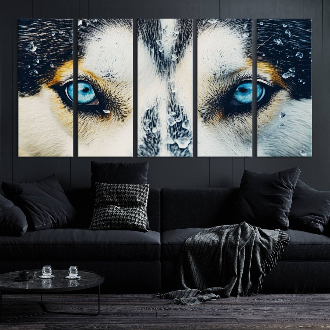 The captivating "Winter Siberian Husky Wolf EYE Wall Art Canvas Print" showcases the striking blue eyes of the animal portrait.