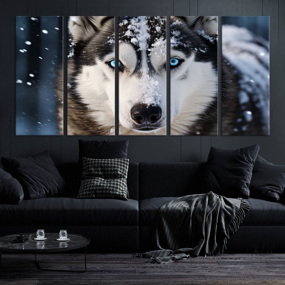 A digital art piece titled "Winter Siberian Husky Wolf Wall Art Canvas Print" showcases a blue-eyed husky blanketed in snow. Printed on high-quality canvas, it is an ideal choice for nature and dog enthusiasts.