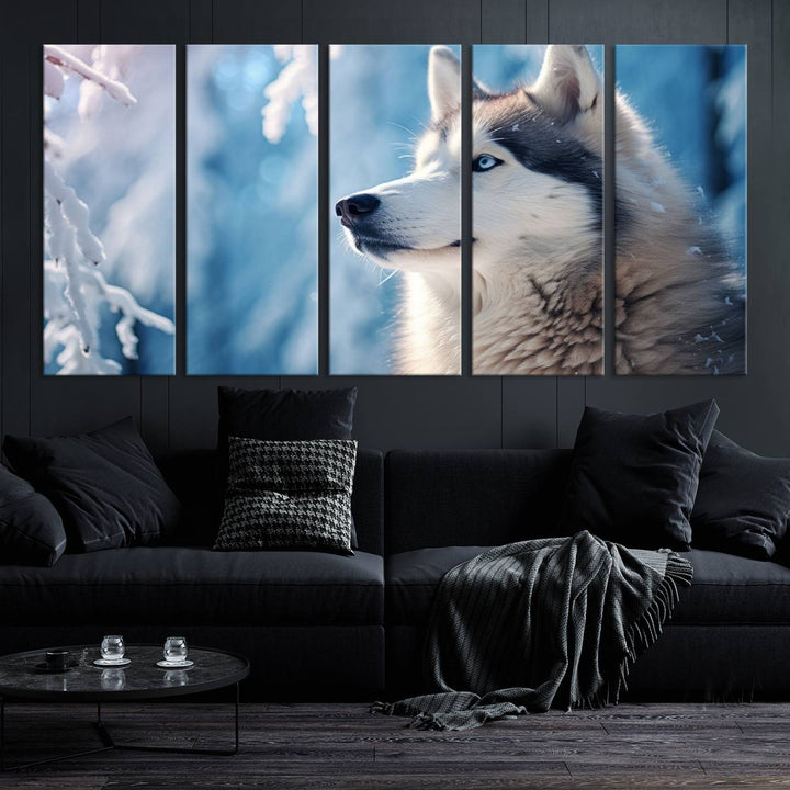 A captivating Winter Siberian Husky Wolf Wall Art Canvas Print hangs prominently.