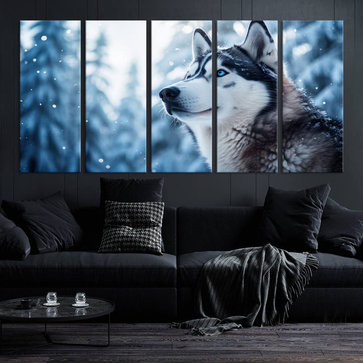 The "Winter Siberian Husky Wolf Wall Art Canvas Print" is elegantly displayed, enhancing the room's cozy ambiance in a snowy forest setting.