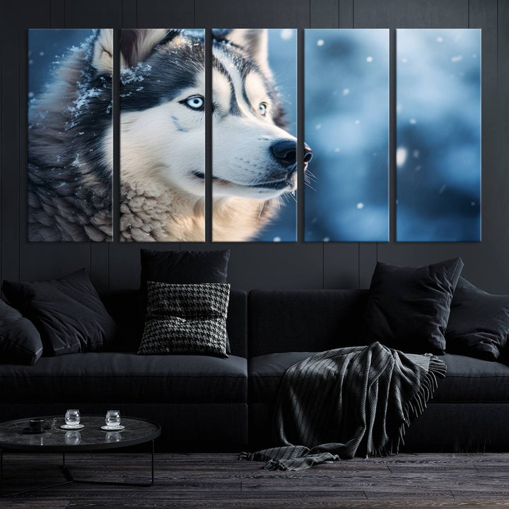 The space above the sofa features the Winter Siberian Husky Wolf Wall Art Canvas Print, creating a stunning snowy scene.