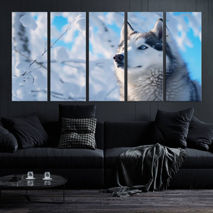 The Siberian Husky Art Canvas elegantly enhances the room.