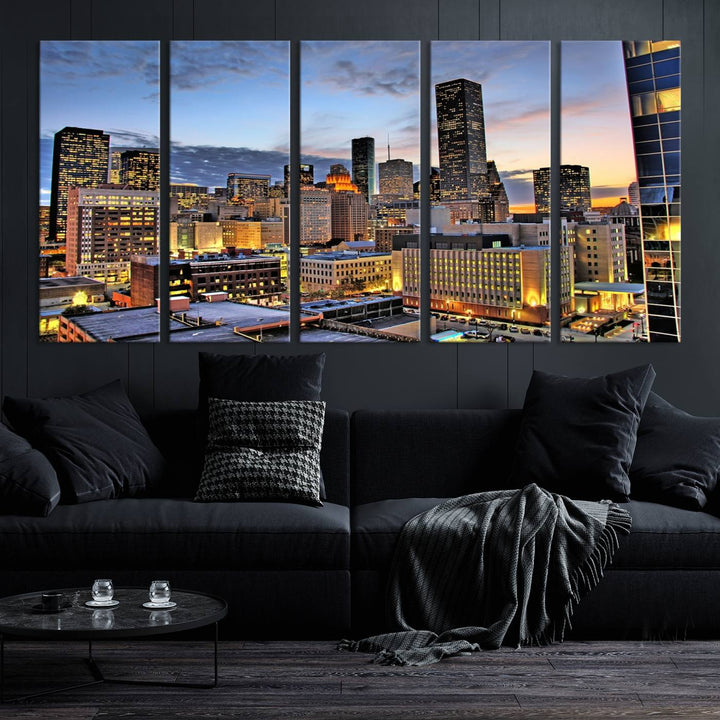 The modern living room features the Houston Wall Art Canvas Print on the wall. This professional craftsman framed masterpiece depicts a cityscape and is created with museum-quality polycotton canvas, ensuring a polished look that enhances its elegant charm.