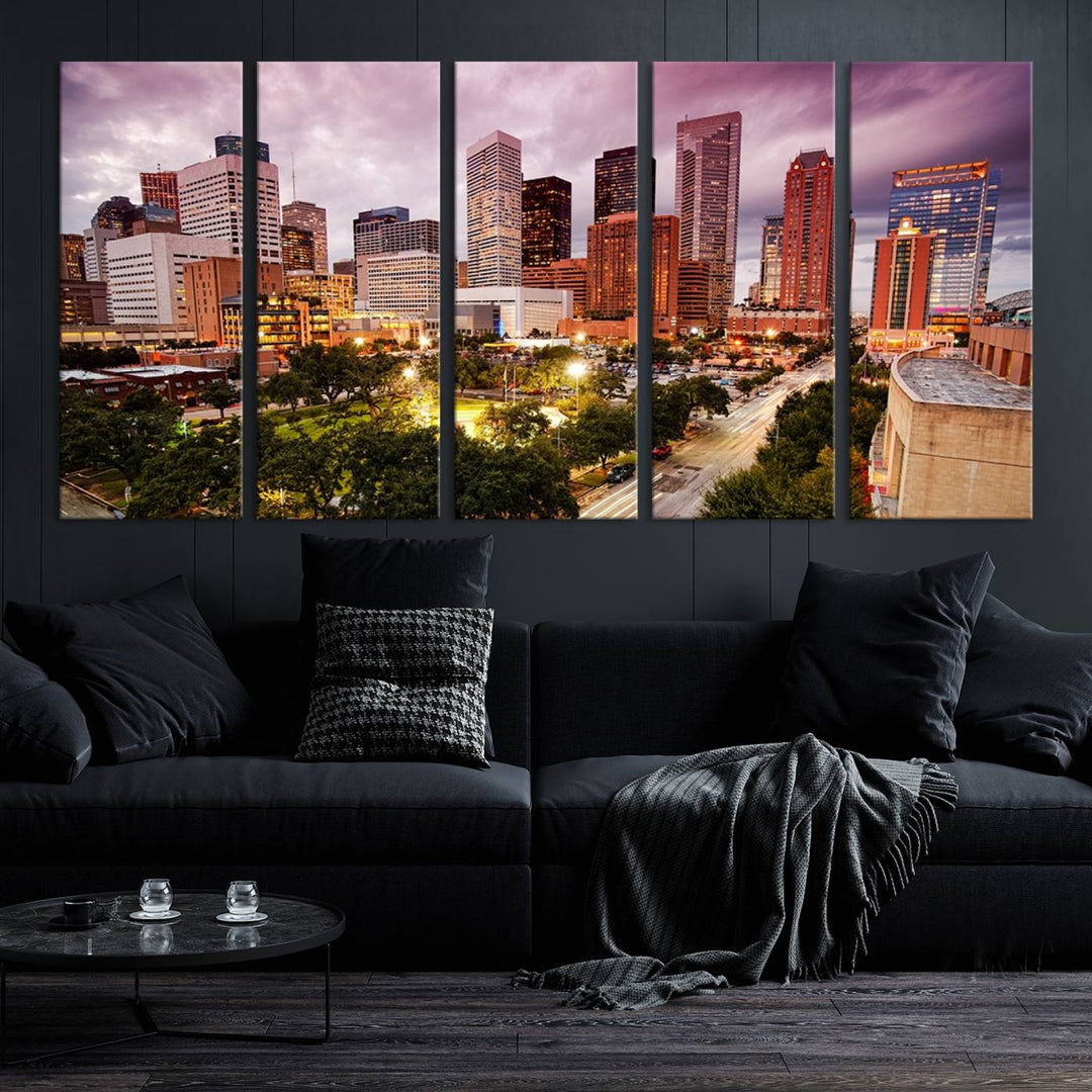 The Houston Wall Art Canvas Print in the living room displays a vibrant city skyline at twilight on museum-quality canvas with UV-protective coating.