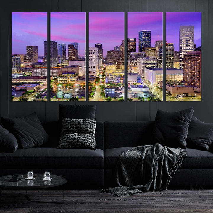 Houston Wall Art Canvas Print showcasing a vibrant cityscape at dusk on museum-quality canvas, expertly crafted by professional craftsmen.