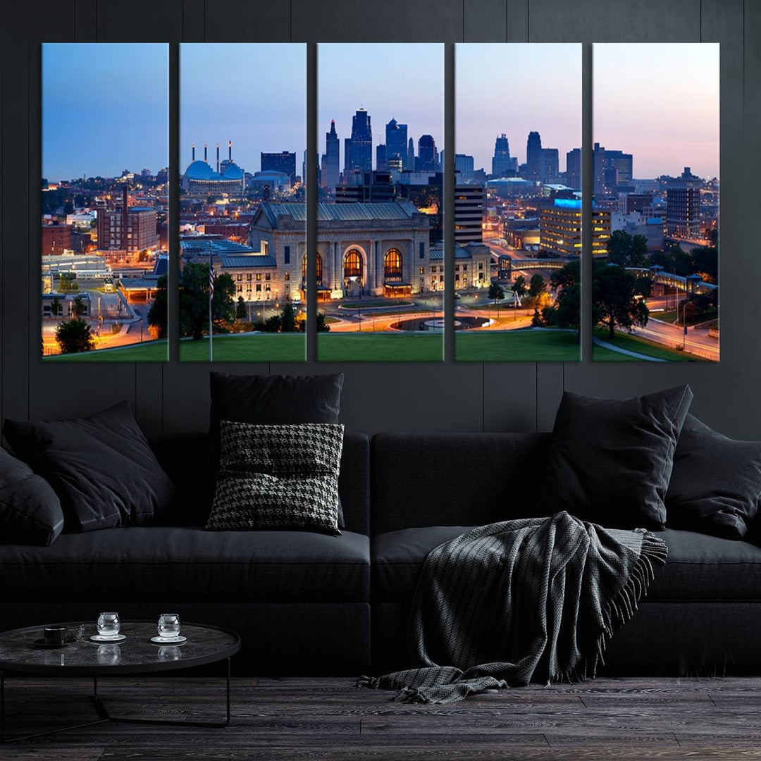 The Kansas City Skyline Canvas Wall Art Print hangs above, showcasing an iconic dusk cityscape with a historic building in the foreground, exuding urban sophistication.