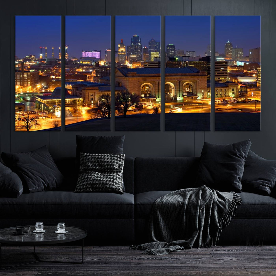 The Kansas City Night Canvas Print Wall Art creates a scene as captivating as museum-quality art, showcasing a city skyline at night with illuminated buildings.