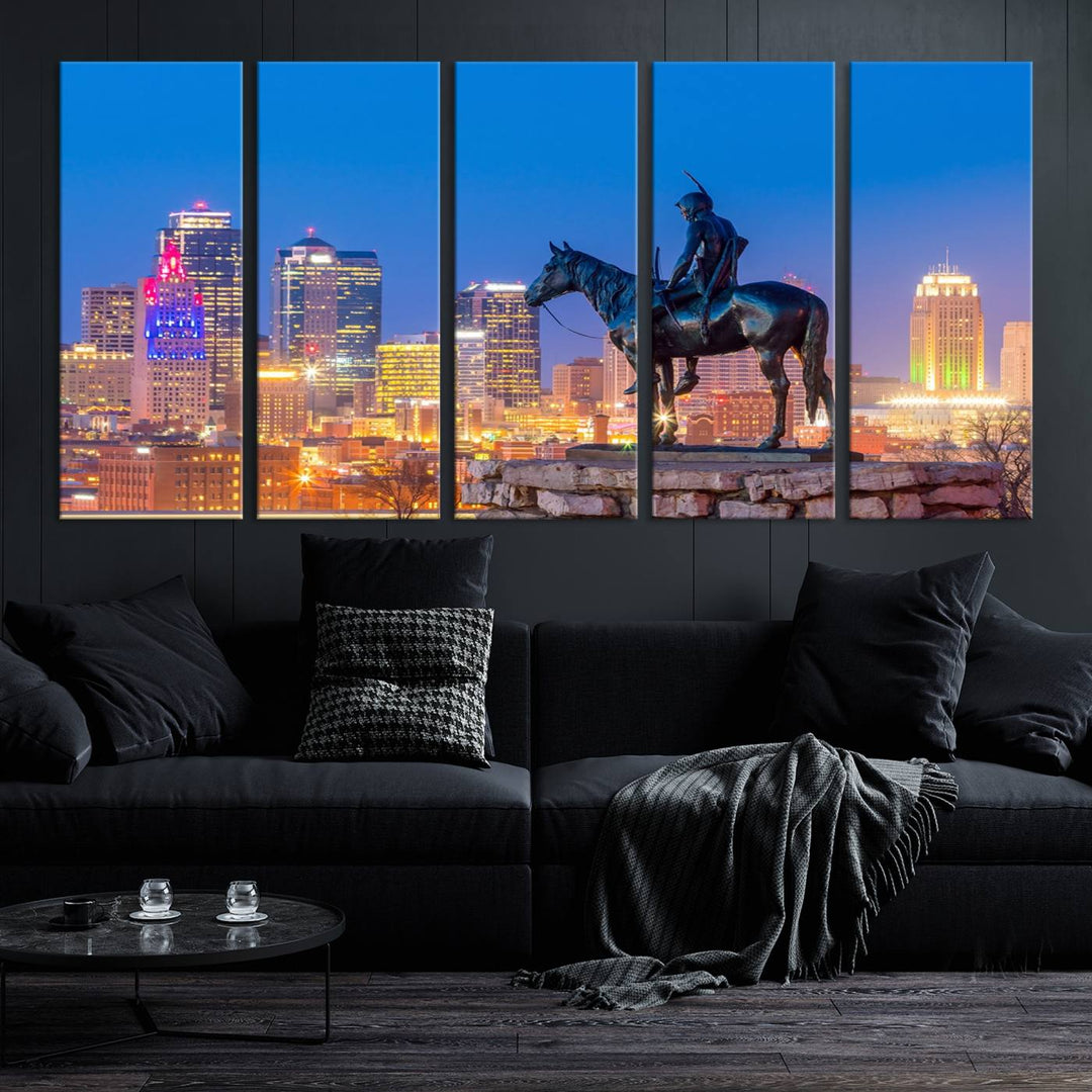 A large Kansas City Night Canvas Print Wall Art adorns the wall, gallery wrapped and finished with a UV-protective coating for lasting vibrancy.