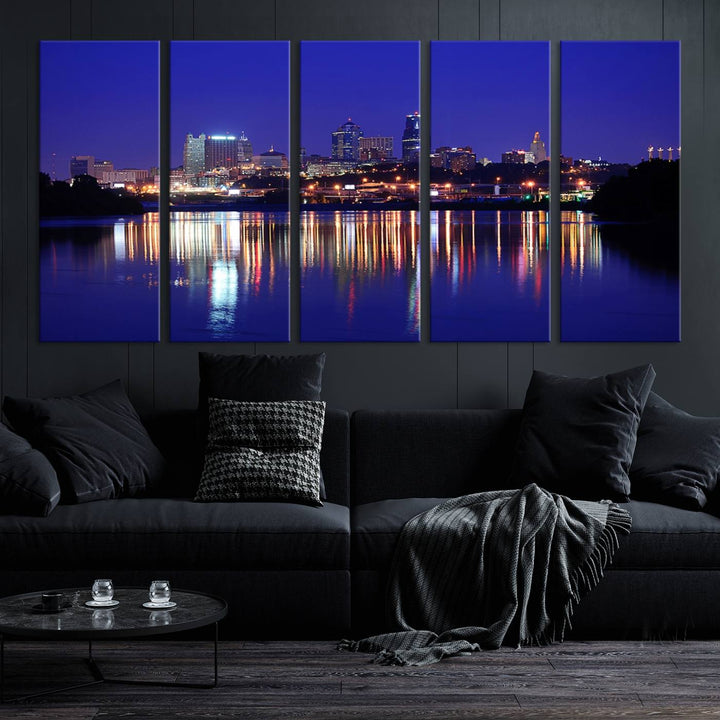 The Kansas City Night Canvas Print Wall Art captures the shimmering city skyline on the calm water, where every detail resembles a museum-quality polycotton masterpiece.