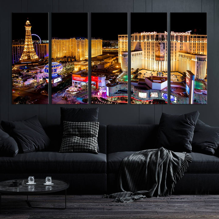 The Las Vegas Wall Art Canvas Print is a triptych set that showcases a stunning night view of Las Vegas. The illuminated buildings and the iconic faux Eiffel Tower add elegance to any space. Each piece comes with a UV-protective coating and is ready to hang, ensuring both style and durability.