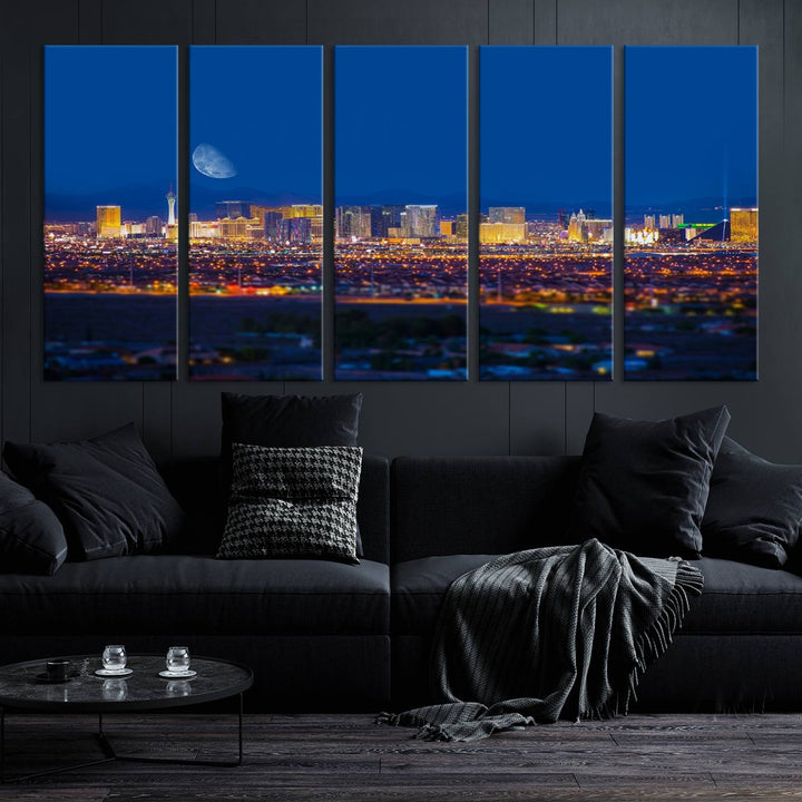 The Las Vegas Wall Art Canvas Print, depicting a city skyline at night, enhances a modern living room with its museum-quality canvas. This triptych comes ready to hang and boasts a UV-protective coating for lasting brilliance.