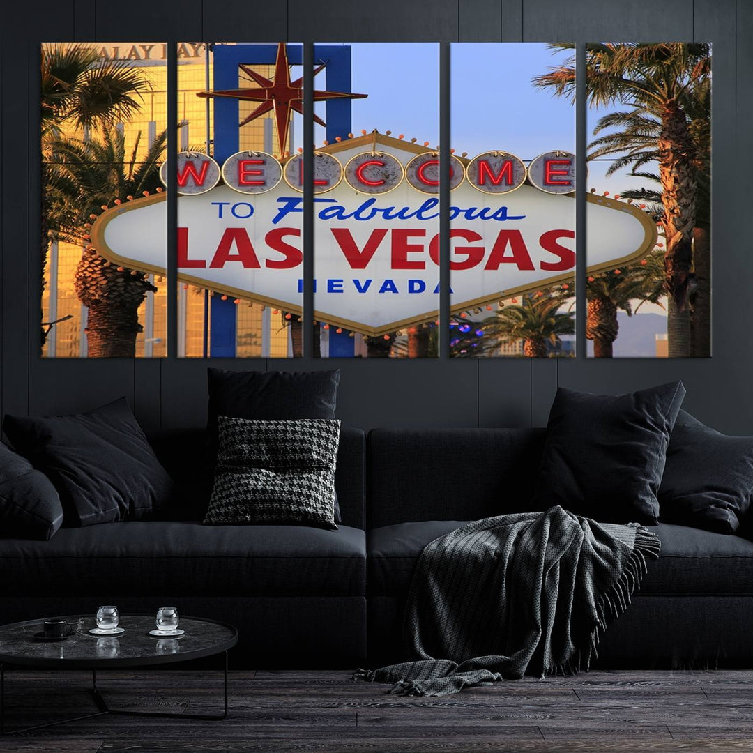 A Las Vegas Wall Art Canvas Print hangs on the wall, showcasing the iconic Welcome to Fabulous Las Vegas, Nevada sign. The museum-quality canvas guarantees vibrant colors with its UV-protective coating and is available with free shipping for added convenience.