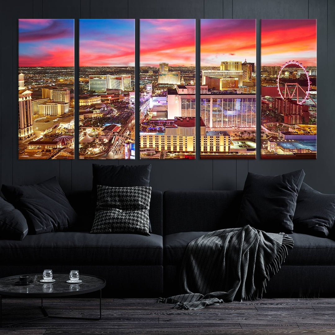 Las Vegas Wall Art Canvas Print depicting a vibrant cityscape at dusk on museum-quality canvas with a UV-protective coating, showcasing a skyline with colorful clouds.