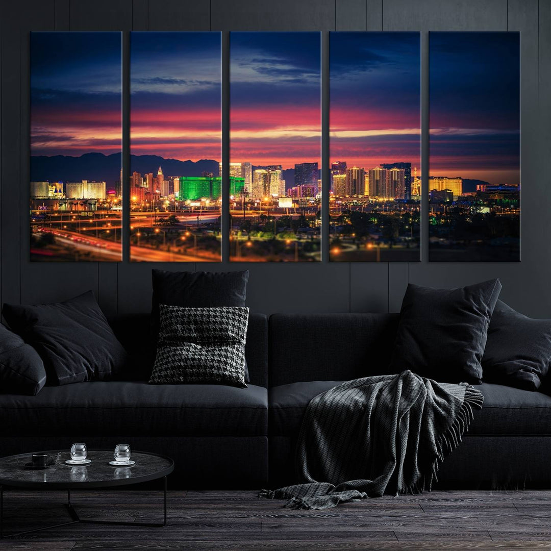 The living room is adorned with the Las Vegas Wall Art Canvas Print, a triptych showcasing a cityscape at sunset. This piece is crafted on museum-quality canvas and protected by a UV-coated finish, highlighting the craftsmanship of a skilled professional.