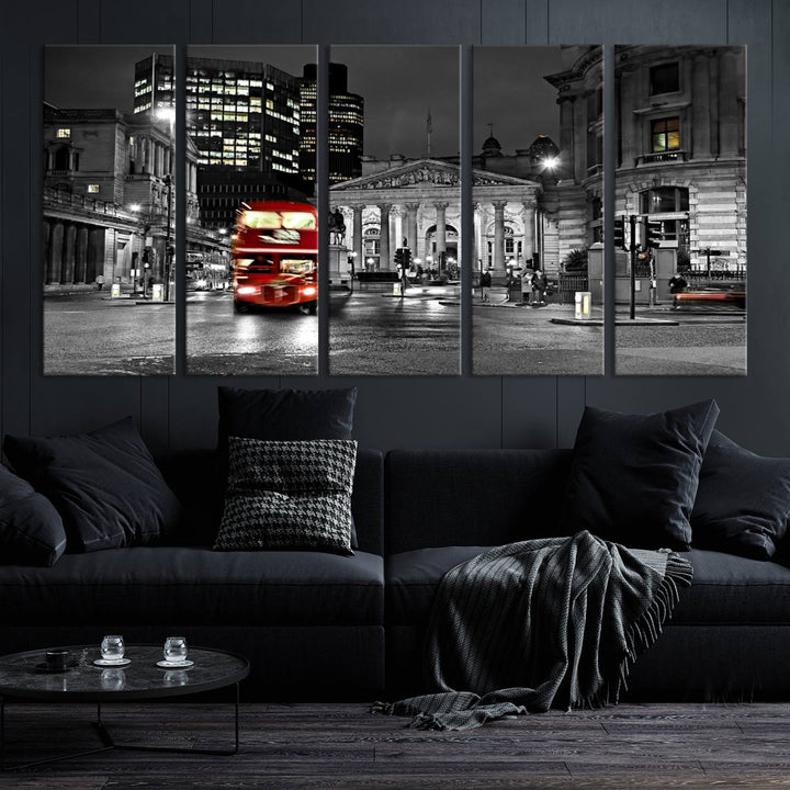 The London Night Red Bus Wall Art Canvas Print features a black and white cityscape with a moving red double-decker bus, crafted on museum-quality canvas with a UV-protective coating. This ready-to-hang artwork is designed to stand out and enhance any space.