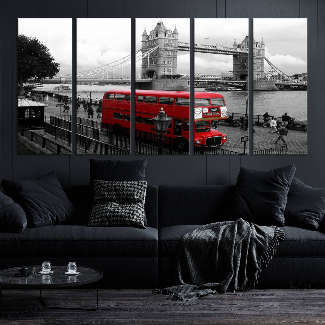 The London Red Bus and Bridge Wall Art Canvas Print showcases a red London bus in front of Tower Bridge, beautifully presented as a gallery-wrapped canvas. This striking image is divided into three panels, delivering a museum-quality display that's ready to hang.