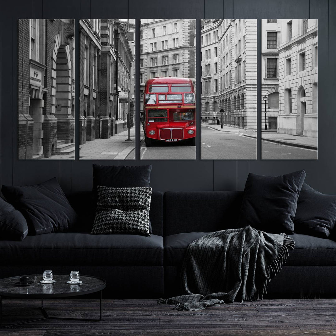 The living room features museum-quality London Red Bus Wall Art, showcasing a split canvas print of a red bus on a black and white city street. This artwork is ready to hang and includes a UV-protective coating to ensure long-lasting vibrance.