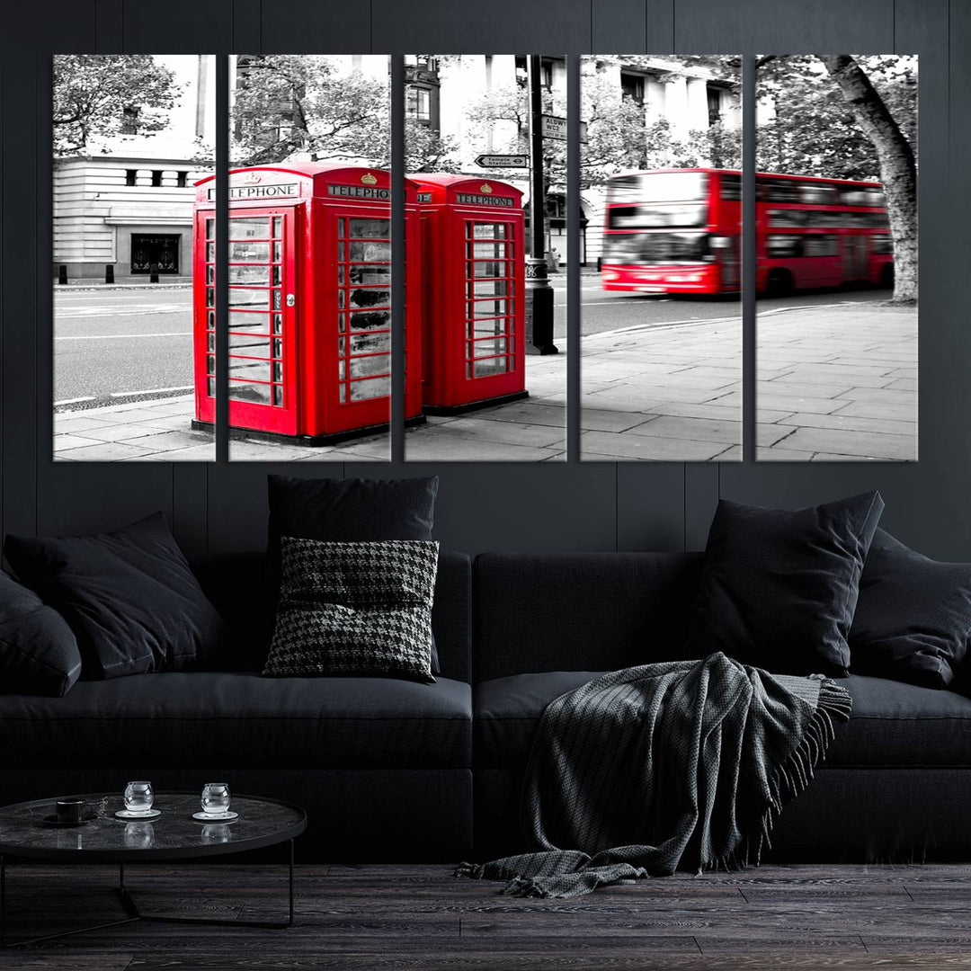 The London Red Bus and Phone Club Wall Art, a vivid night canvas print featuring iconic red buses and phone booths, is elegantly showcased on gallery-wrapped, museum-quality material. With its UV-protective coating, this captivating piece infuses your space with the charm of London.