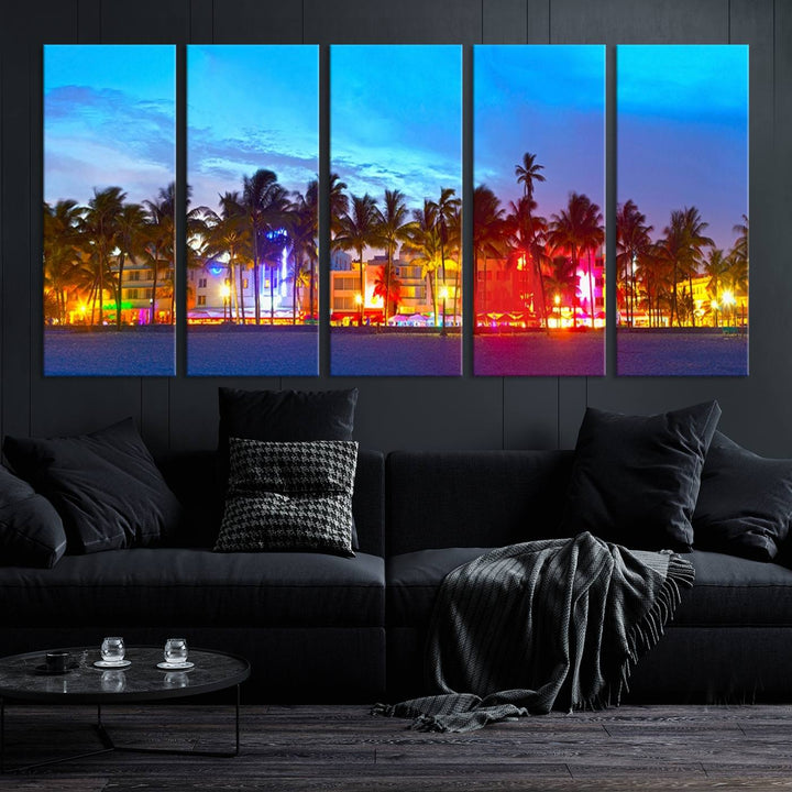 The living room features a three-panel Miami City Wall Art Canvas Print, showcasing a colorful, illuminated beach scene with palm trees on museum-quality canvas.