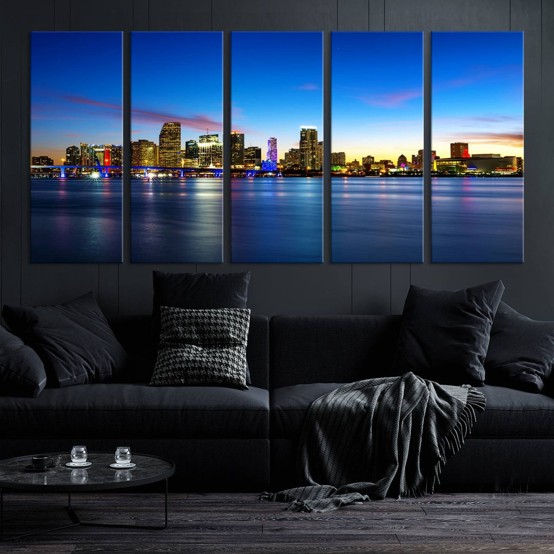 The living room features a Miami City Wall Art Canvas Print—a gallery-wrapped triptych displaying a city skyline at dusk, adding museum-quality elegance to the space.