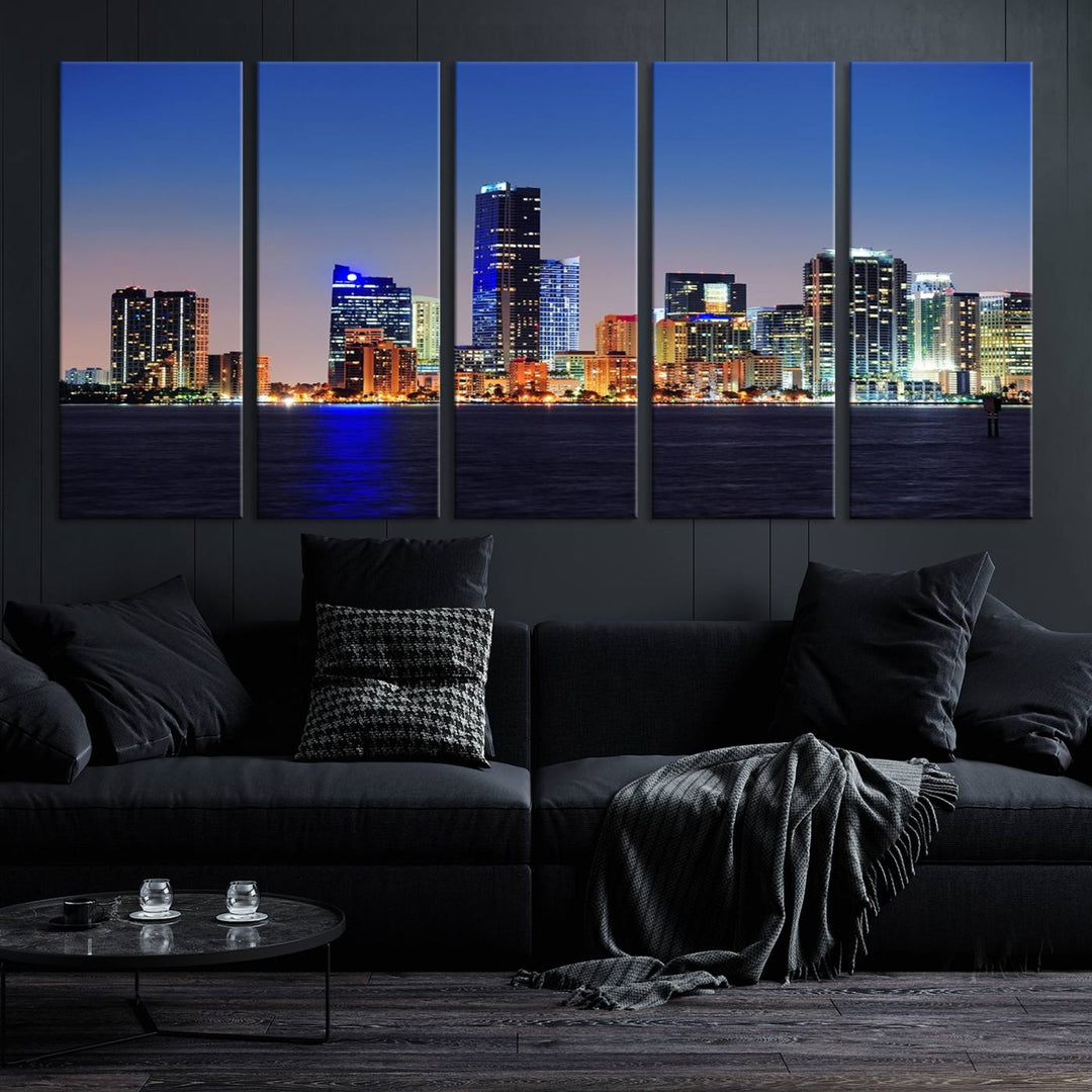 Miami City wall art canvas print showcasing a city skyline at dusk. Crafted on museum-quality canvas and designed to be ready to hang, it offers effortless elegance for your interior decor.