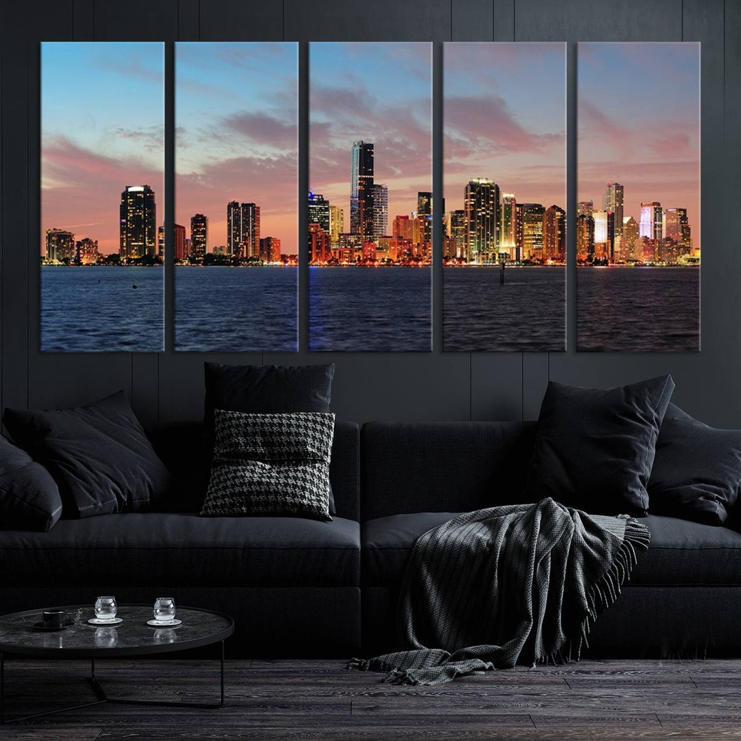 The Wall Art MIAMI Canvas Print emphasizes a vibrant cityscape at sunset. This artwork is presented on museum-quality canvas with gallery-wrapped edges, ensuring it stands out while maintaining its pristine condition for years to come.