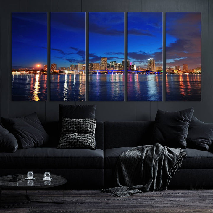 A large Miami City View Wall Art Canvas Print featuring the Miami City Skyline Panorama at night is displayed above the dresser.