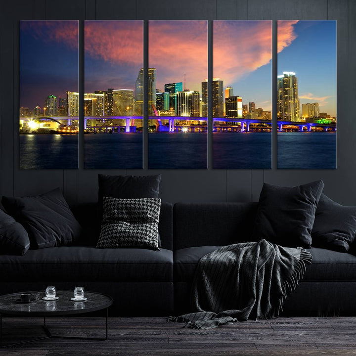 The modern living room is enhanced by the "Miami City Wall Art Canvas Print," a stunning triptych portraying a city skyline at sunset. These canvases are gallery wrapped and made from museum-quality materials, featuring a UV-protective coating to ensure lasting vibrancy.