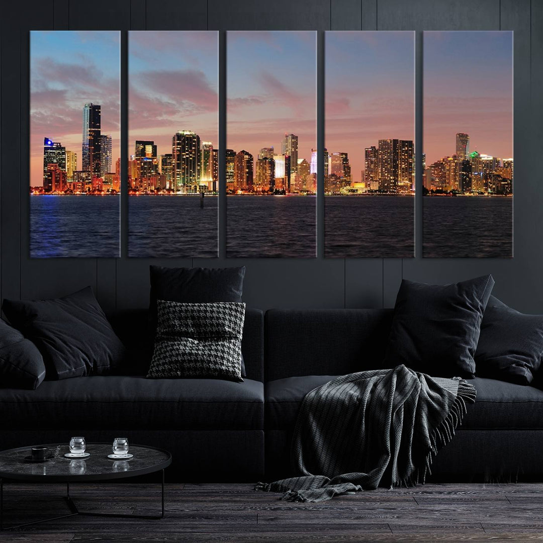 The living room features a gallery-wrapped triptych of the Miami City Wall Art Canvas Print above the sofa.