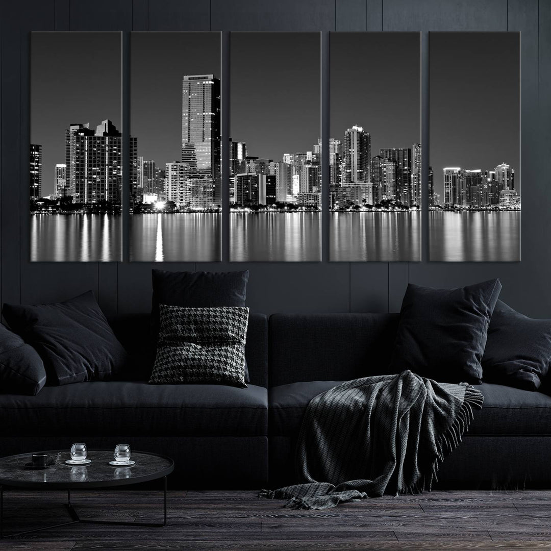 The Miami City Wall Art Canvas Print, a stunning triptych of the Miami skyline, elegantly hangs in this modern living room.