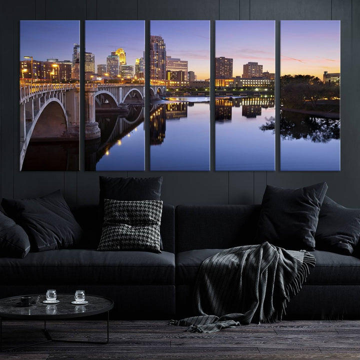 Display the Minneapolis Wall Art Canvas Print, featuring the Minnesota cityscape at dusk, on gallery-wrapped, museum-quality canvas.