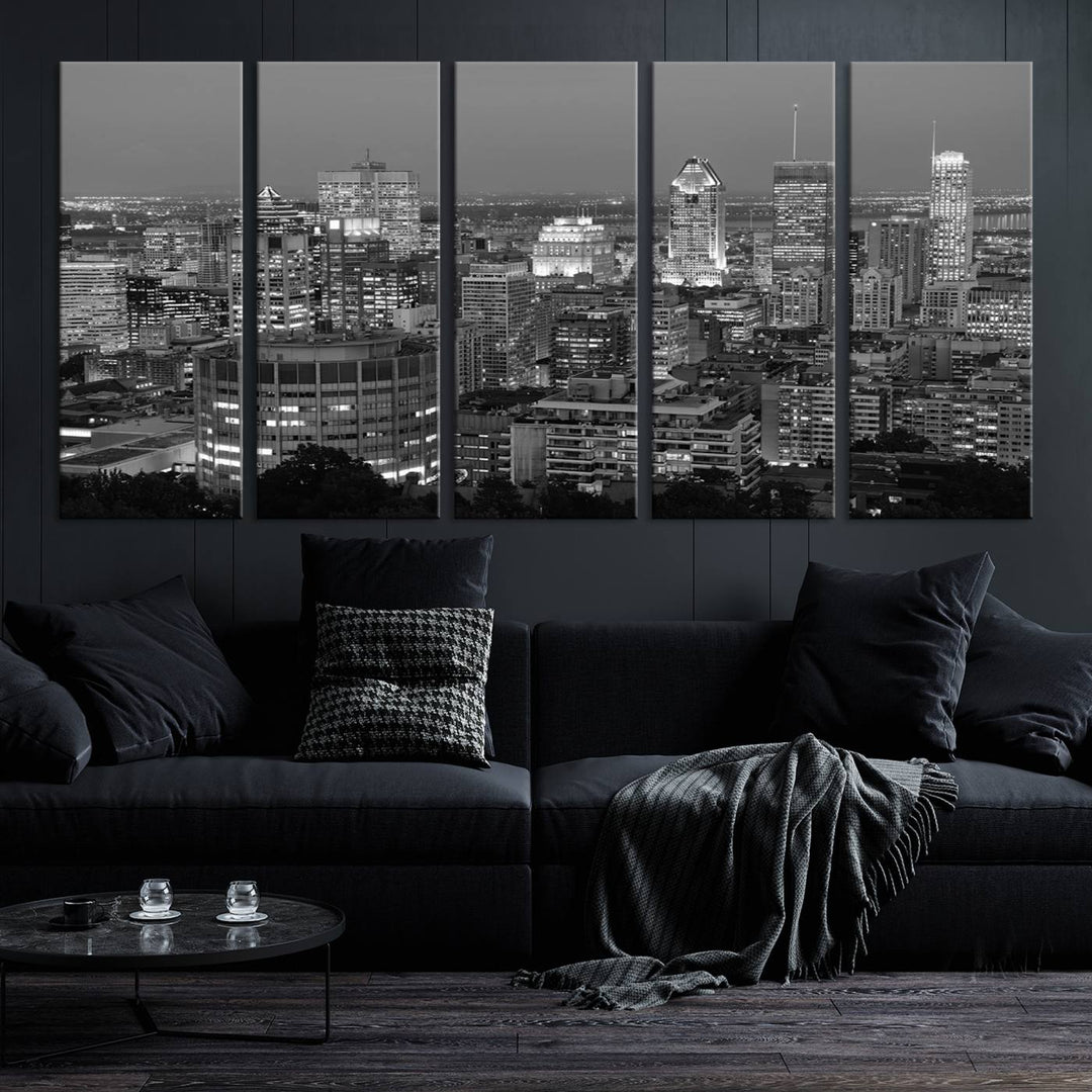 The gallery-wrapped, museum-quality canvas print features the Montreal Canada City Wall Art, showcasing a cityscape at night in black and white.