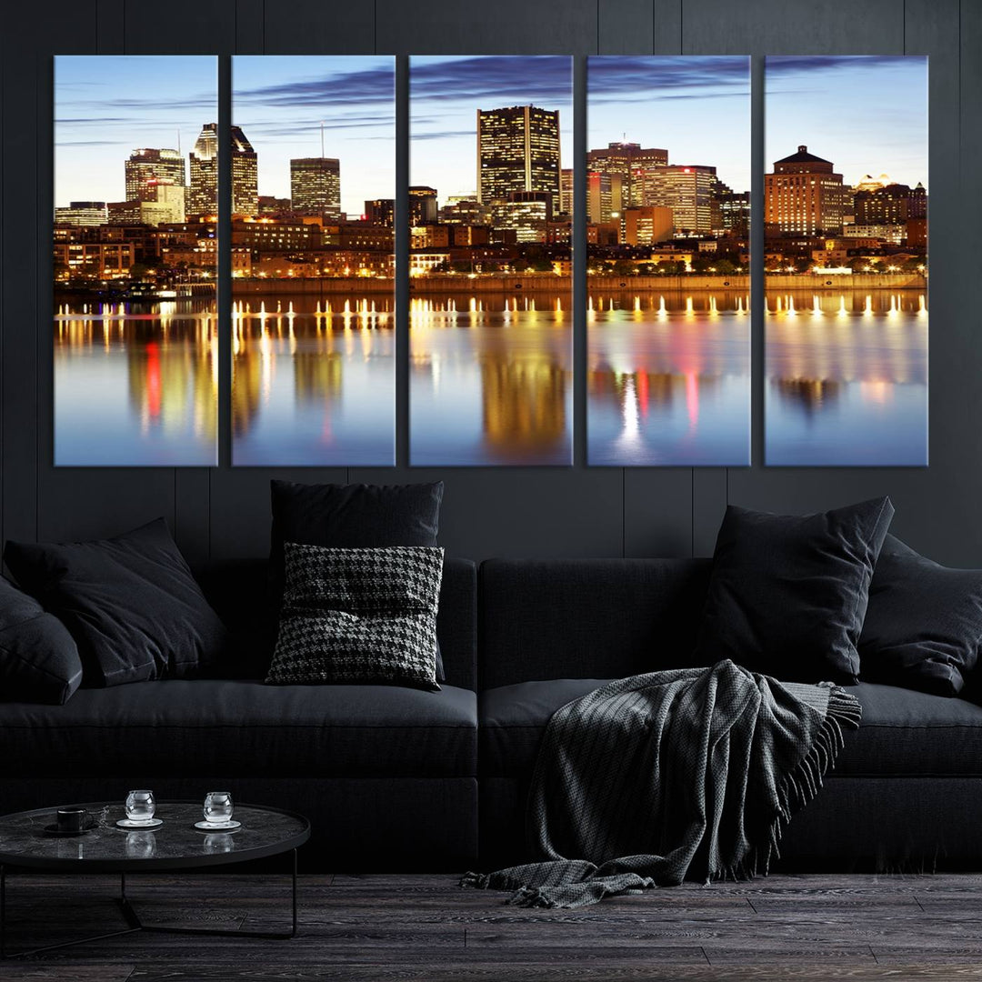 A Montreal Canada City Wall Art Canvas Print, depicting the cityscape at dusk and reflecting in calm waters, is crafted with museum-quality canvases and a UV-protective coating. This remarkable piece guarantees vibrant colors that remain stunning and ready to hang for years to come.