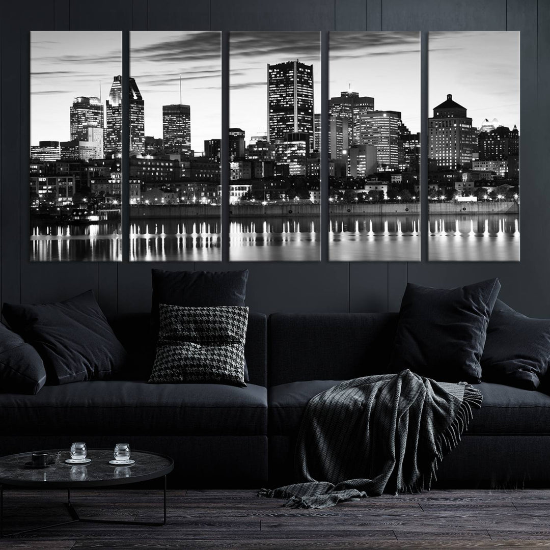 The contemporary living room features the Montreal Canada City Wall Art Canvas Print, an elegantly gallery-wrapped triptych on museum-quality canvas, prominently hung above.