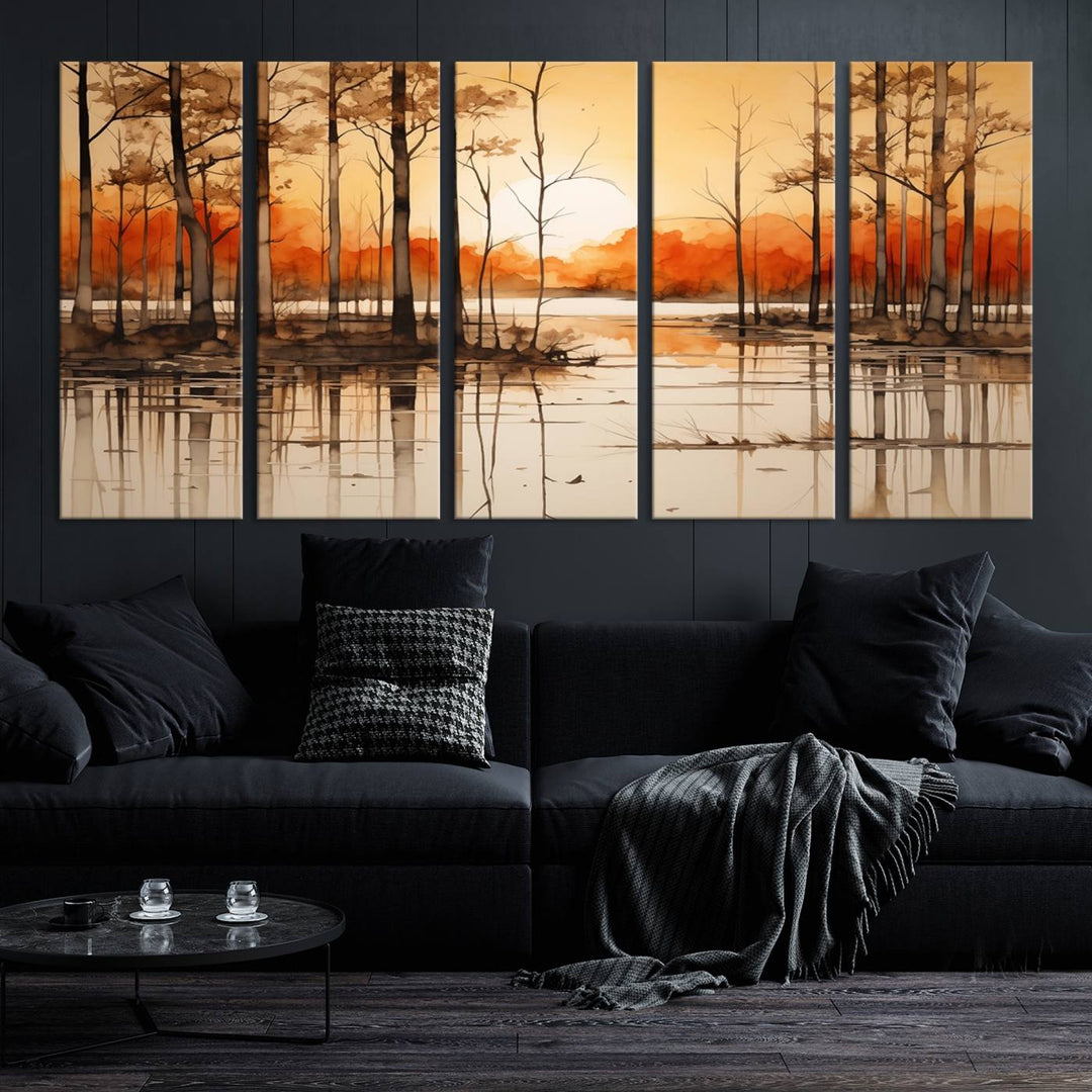 An Abstract Watercolor Trees and Sunset on Lake Wall Art Canvas Print, created on museum-quality canvas.