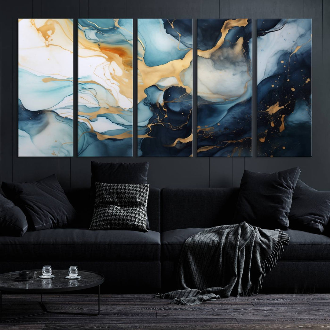 The living room is enhanced by the Marble Fluid Abstract Wall Art Canvas Print, which adds a touch of sophistication.