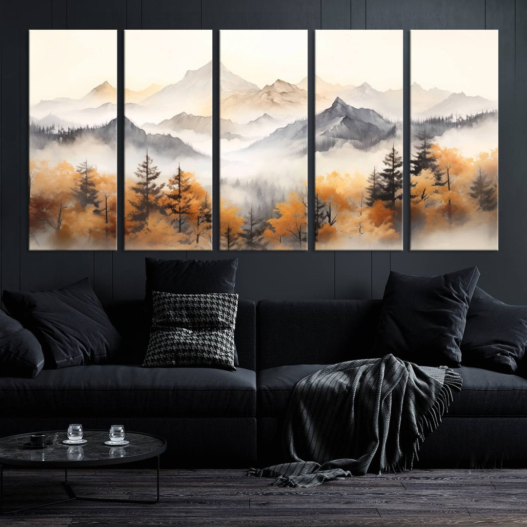 Abstract Watercolor Mountains and Trees Autumn Wall Art