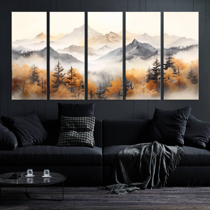 Art mural abstrait aquarelle montagnes et arbres automne