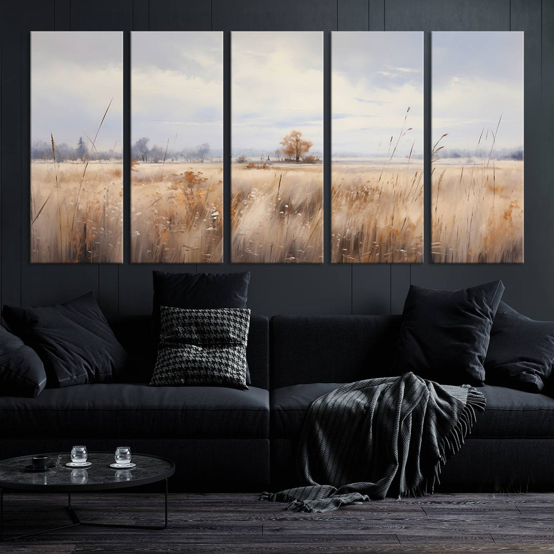 The modern living room features the Golden Fields Canvas Wall Art Print – Serene Landscape of Nature’s Tranquility in Minimalist for Farmhouse Decor, showcasing serene golden fields that enhance the calming ambiance.