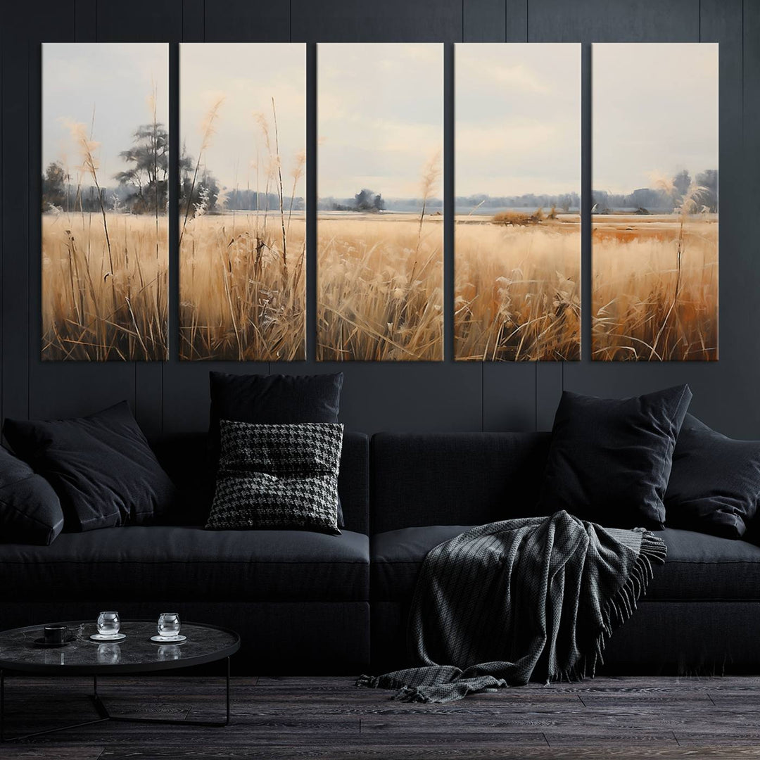 A Wildflower Field Landscape Oil Painting, showcasing a vintage art print of a serene field with tall grasses and distant trees, is beautifully presented on museum-quality canvases with gallery-wrapped edges.