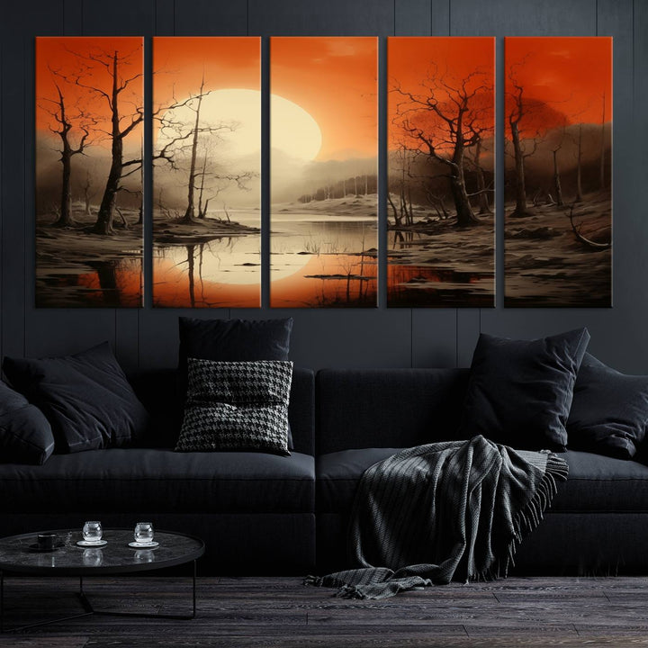 The "Abstract Watercolor Trees and Sunset on Lake Wall Art" is a triptych masterpiece, showcasing an orange-hued landscape of barren trees and a large sun. Displayed on museum-quality canvases with UV-protective coating, it creates a striking visual element in any space.